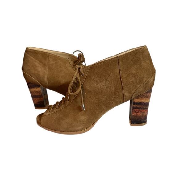 Faryl Robin Women's Peep Toe Suede Lace Up Ankle Stacked Heel Bootie Sz 9 Brown - Picture 2 of 8